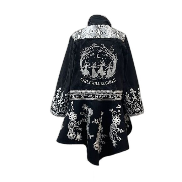 Sew What? Upcycling Jackets & Blazers - Upcycled Black Denim Jacket with Peplum & Floral Whitework Embroidery. Size M-L